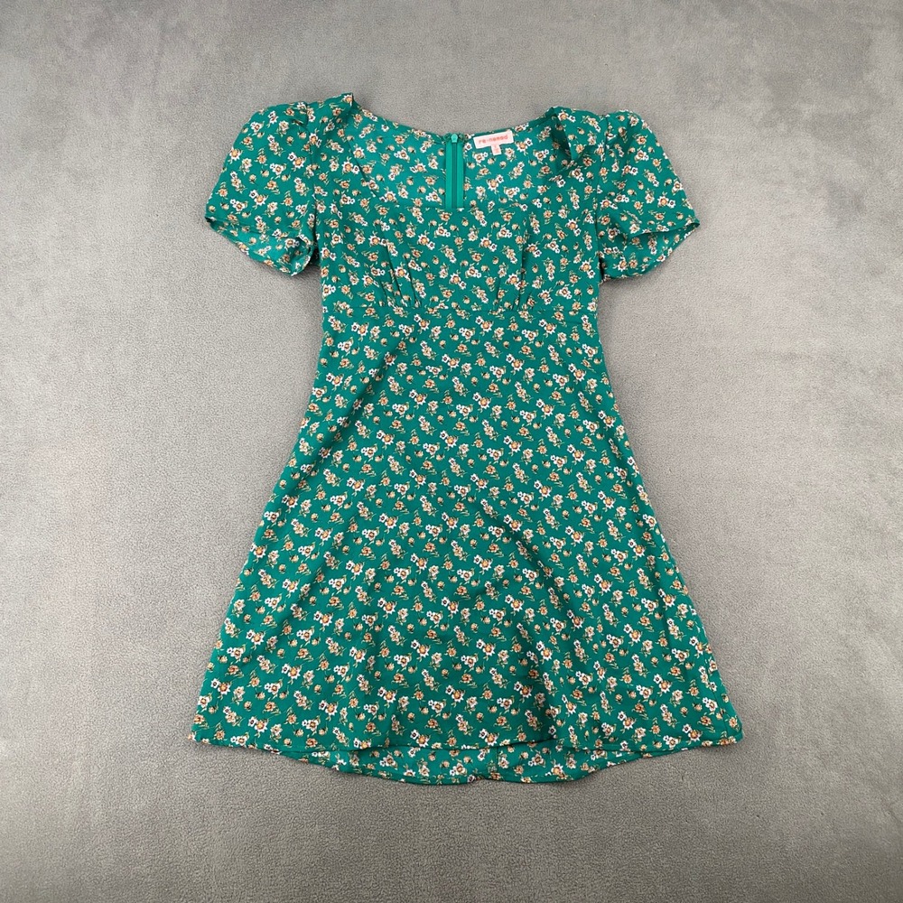 re:named Green Floral Puff Sleeve Square Neck Mini Dress Small 5925